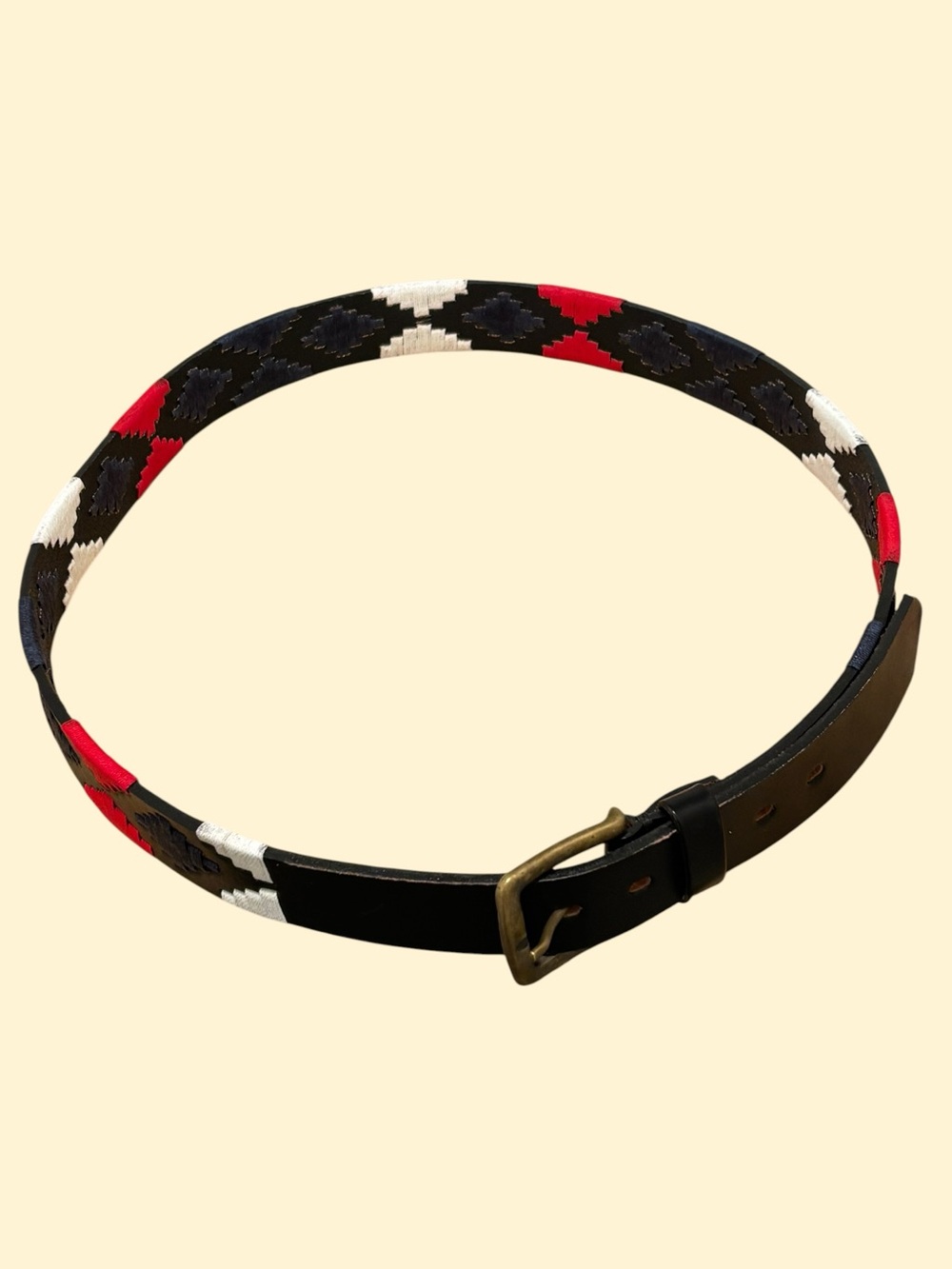 Unisex Woven Pattern Leather Belt - Black, Red & White Eu 115 Us 40-45 inches.